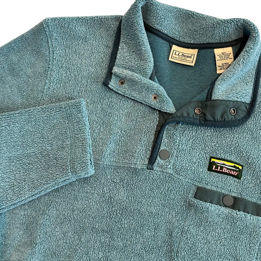 LL Bean Women Mountain Pile Fleece Pullover Size Medium Teal Blue Snap Mock Neck